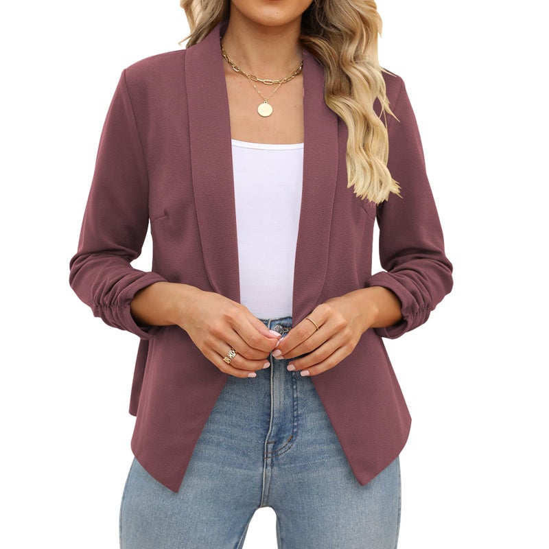 POGTMM Ladies Blazers and Jackets Office 3 4 Sleeve Ruched Fitted Work Suit Jackets (Red Bean Grey, M) - Image 3